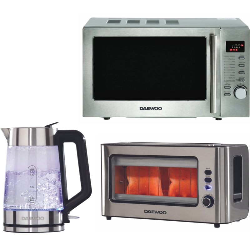 Daewoo Easy Fill Illuminating Glass 1.7L 3KW Kettle, 2 Slice Glass Toaster & 700W Microwave Set in Glass & Steel
