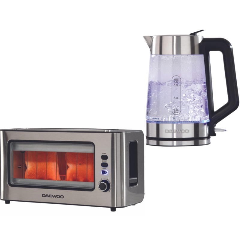 Daewoo Easy Fill Illuminating Glass 1.7L 3KW Kettle & 2 Slice Glass Toaster Matching Set