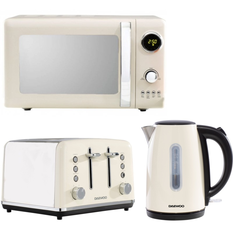 Daewoo Kensington Cream 1.7L 3KW Jug Kettle, 4 Slice Toaster & 800W 20L Digital Microwave Matching Kitchen Set
