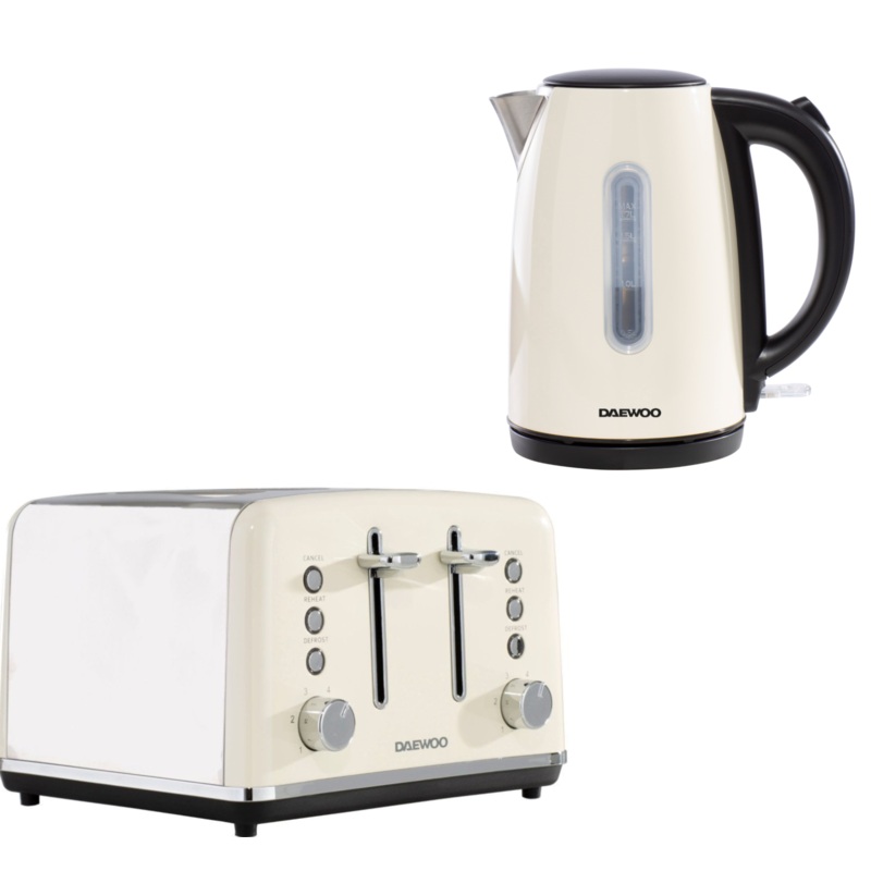 Daewoo Kensington Cream 1.7L 3KW Jug Kettle & 4 Slice Toaster Matching Set
