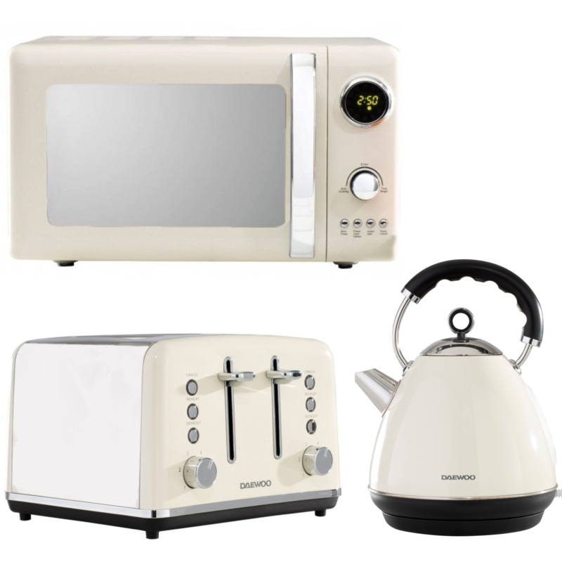 Daewoo Kensington Cream 1.7L 3KW Pyramid Kettle, 4 Slice Toaster & 800W 20L Microwave Matching Kitchen Set