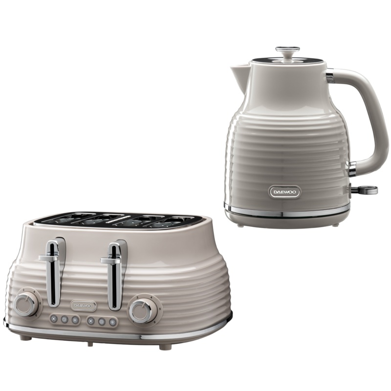 Daewoo Sienna Taupe 1.7L Jug Kettle & 4 Slice Toaster. Modern Kettle & Toaster