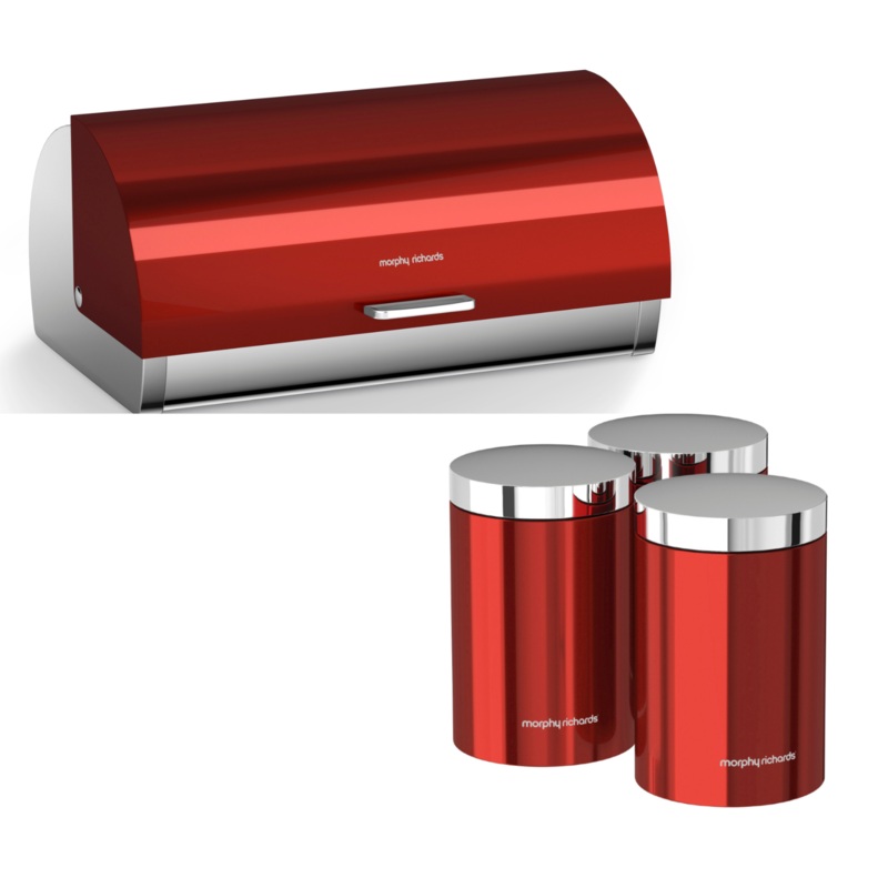 Morphy Richards Accents Red Bread Bin Canisters Matching Stainless Steel Kitchen Storage Set