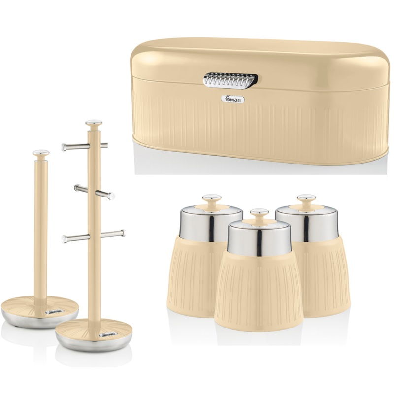 SWAN Retro Cream Bread Bin Canisters Mug Tree & Towel Pole Kitchen Storage Set of 6