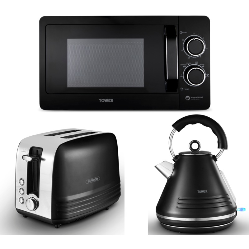 Tower Ash Black 1.7L 3KW Pyramid Kettle, 2 Slice Toaster & T24042BLK 20L Manual Microwave Set