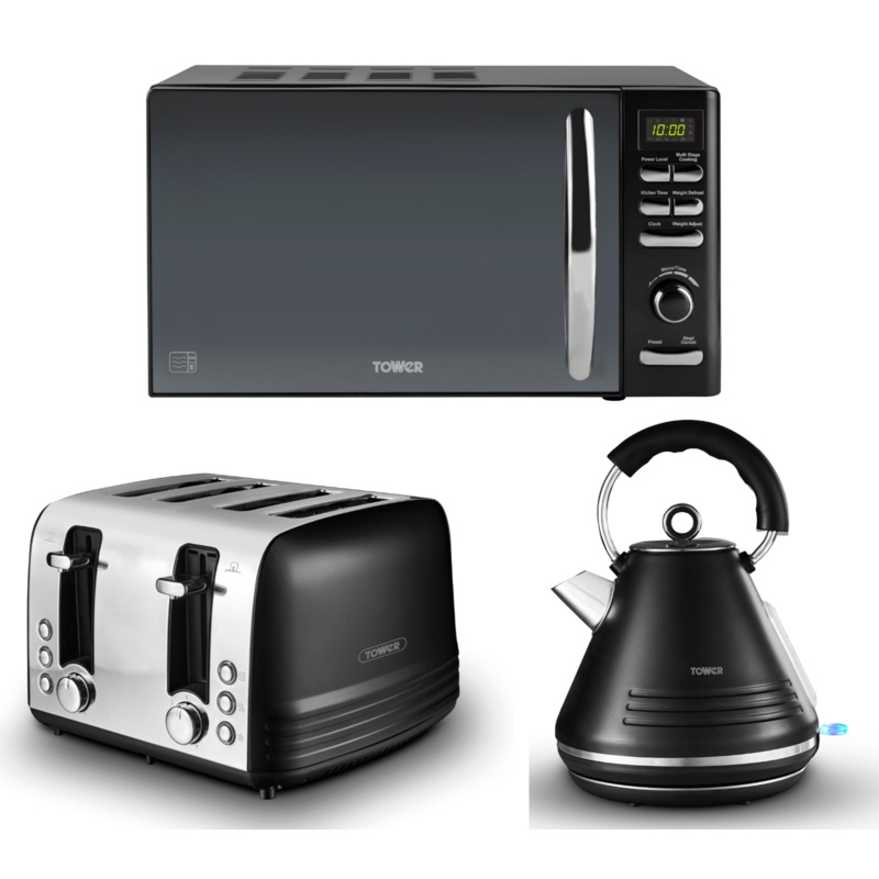 Tower Ash Black 1.7L 3KW Pyramid Kettle ,4 Slice Toaster & T24019 Infinity Microwave Matching Set