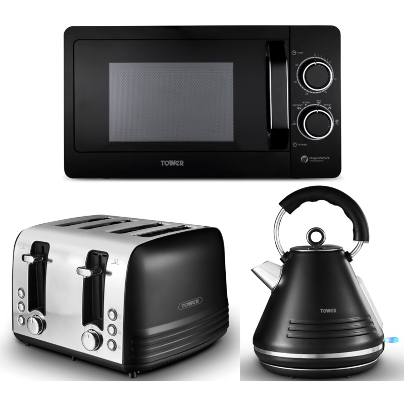 Tower Ash Black 1.7L 3KW Pyramid Kettle, 4 Slice Toaster & T24042BLK Manual Microwave Matching Set