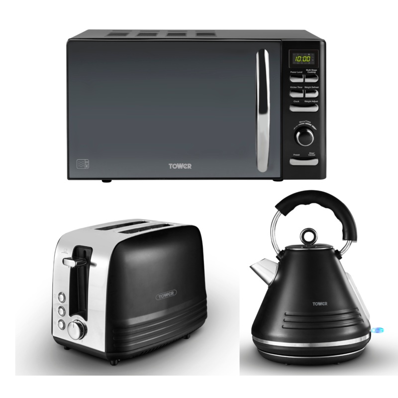 Tower Ash Black Pyramid Kettle, 2 Slice Toaster & T24019 Infinity Microwave Set