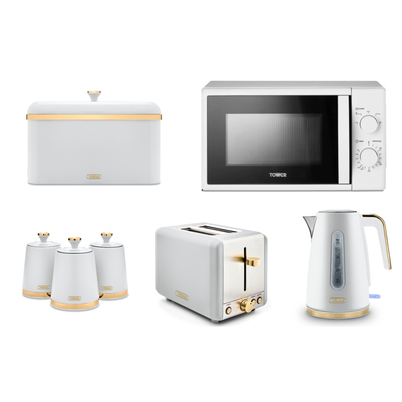 Tower Cavaletto 1.7L 3KW Jug Kettle, 2 Slice Toaster, T24034WHT 700W 20L Manual Microwave & Bread Bin, Tea, Coffee, Sugar Canisters. Contemporary Matching Kitchen Set of 7