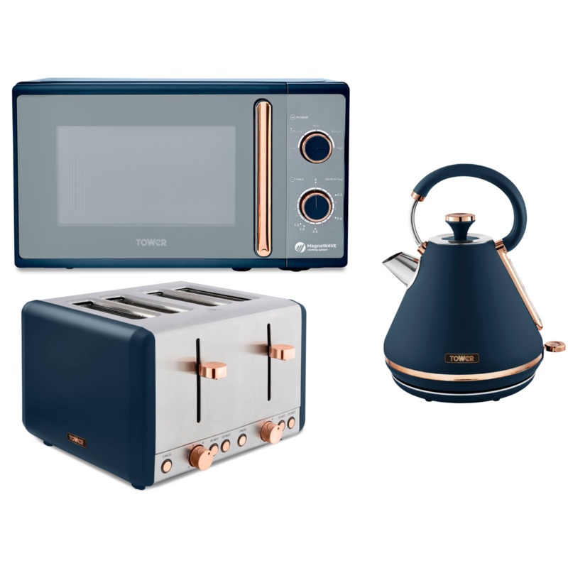Tower Cavaletto 1.7L 3KW Pyramid Kettle, 4 Slice Toaster & 800W 20L Microwave In Midnight Blue & Rose Gold Matching Kitchen Set
