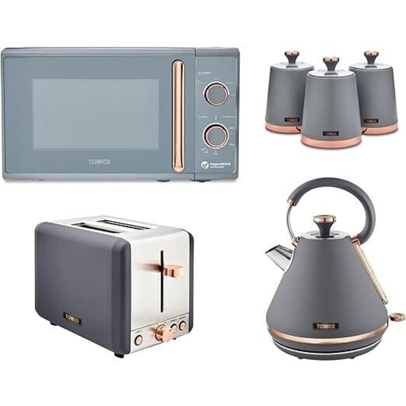 Tower Cavaletto Grey 1.7L 3KW Pyramid Kettle, 2 Slice Toaster, 800W 20L Microwave & Canisters Matching Set