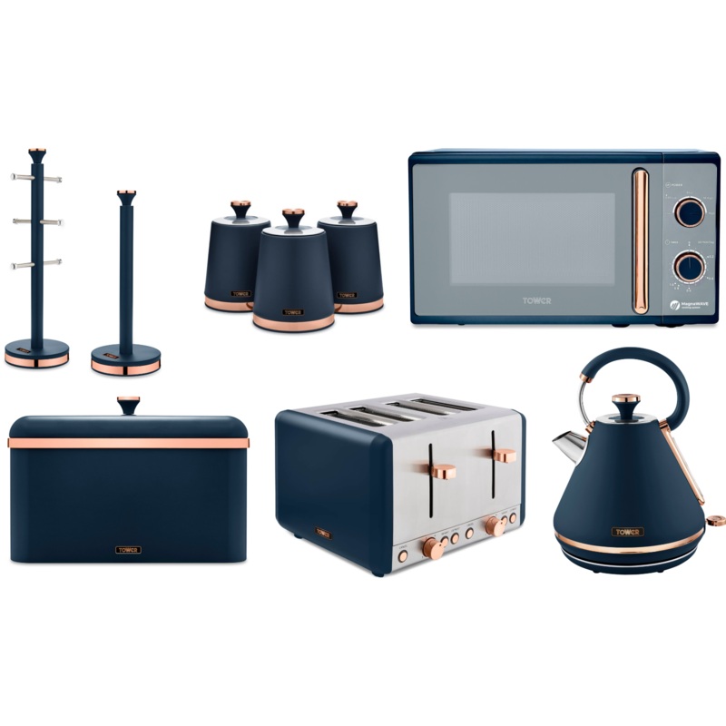 Tower Cavaletto Midnight Blue & Rose Gold 1.7L 3KW Kettle, 4 Slice Toaster, 800W 20L Microwave, Bread Bin, Canisters, Mug Tree & Towel Pole Set