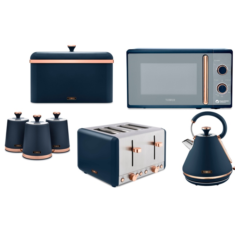 Tower Cavaletto Midnight Blue & Rose Gold 1.7L 3KW Pyramid Kettle, 4 Slice Toaster, 800W 20L Microwave, Bread Bin & Canisters Matching Kitchen Set