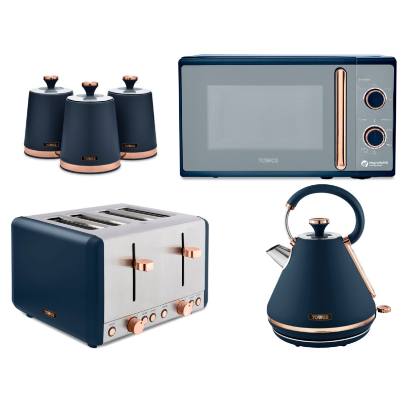 Tower Cavaletto Midnight Blue & Rose Gold 1.7L 3KW Pyramid Kettle, 4 Slice Toaster, 800W 20L Microwave & Canisters Matching Set