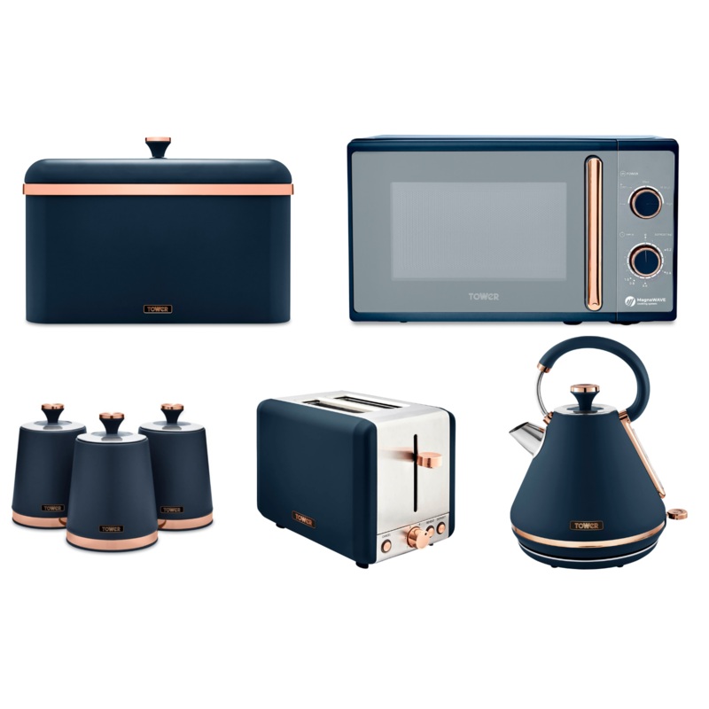 Tower Cavaletto Midnight Blue & Rose Gold Pyramid Kettle, 2 Slice Toaster, 800W 20L Microwave, Bread Bin & Canisters Matching Set