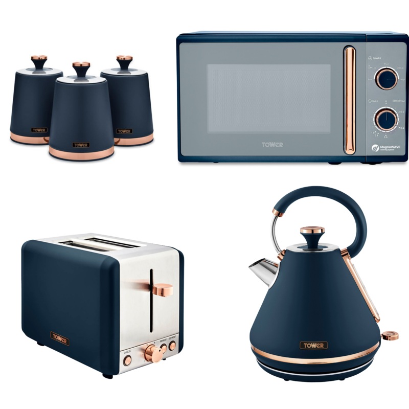 Tower Cavaletto Midnight Blue & Rose Gold Pyramid Kettle, 2 Slice Toaster, 800W 20L Microwave & Canisters Matching Set