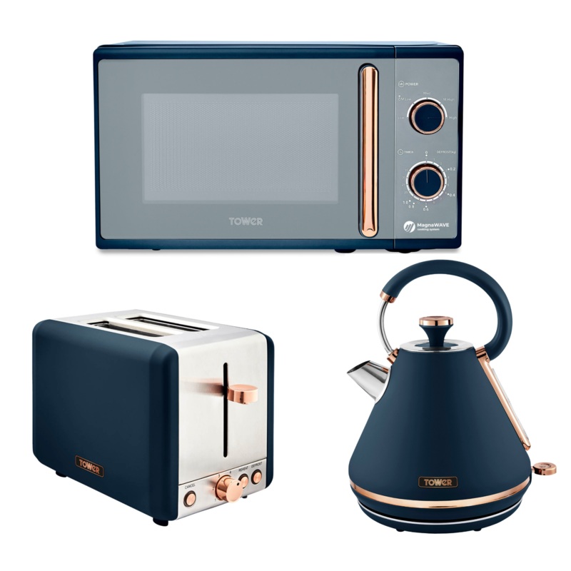 Tower Cavaletto Midnight Blue & Rose Gold Pyramid Kettle, 2 Slice Toaster, 800W 20L Microwave Matching Set
