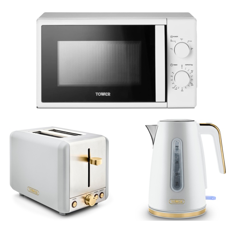 Tower Cavaletto White 1.7L 3KW Jug Kettle, 2 Slice Toaster & T24034WHT 700W 20L Manual Microwave