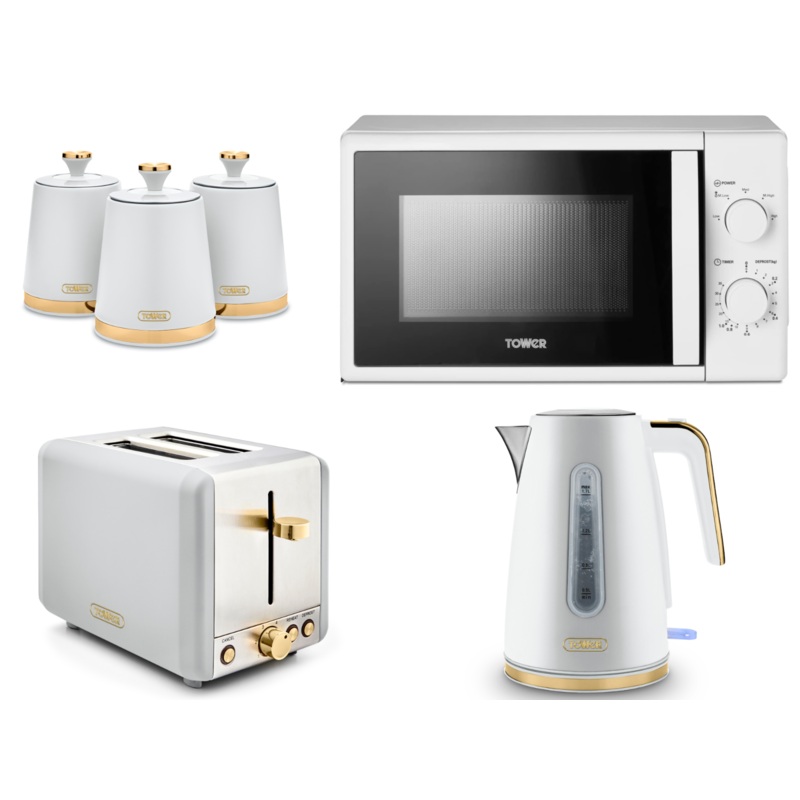 Tower Cavaletto White 1.7L 3KW Jug Kettle, 2 Slice Toaster, T24034WHT 700W 20L Manual Microwave & Tea, Coffee, Sugar Canisters. Contemporary Matching Kitchen Set of 6