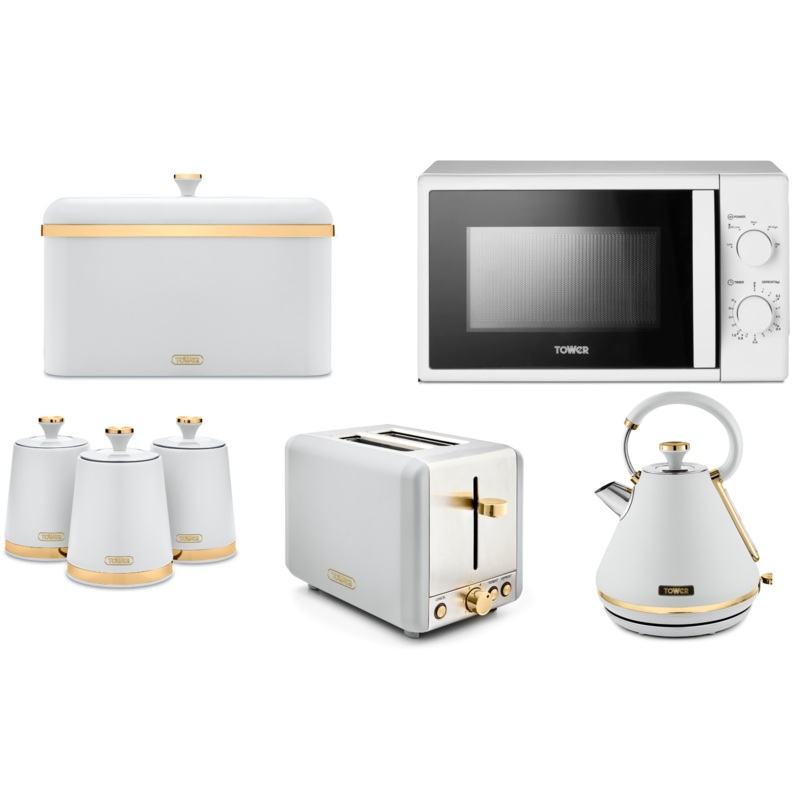 Tower Cavaletto White 1.7L 3KW Pyramid Kettle, 2 Slice Toaster, 20L 800W Microwave, Bread Bin & Canisters. Matching Set of 7