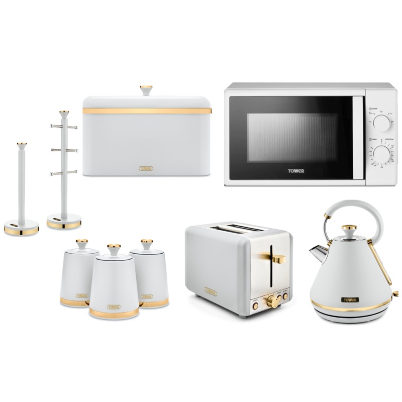 Tower Cavaletto White 1.7L 3KW Pyramid Kettle, 2 Slice Toaster, 20L 800W Microwave, Bread Bin, Canisters, Mug Tree & Towel Pole. Matching Set of 9