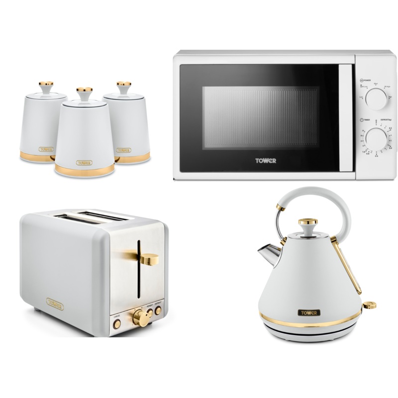 Tower Cavaletto White 1.7L 3KW Pyramid Kettle, 2 Slice Toaster, 20L 800W Microwave & Canisters. Matching Set of 7