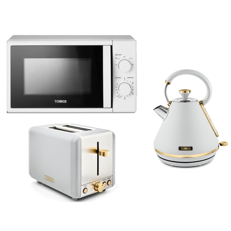 Tower Cavaletto White 1.7L 3KW Pyramid Kettle, 2 Slice Toaster, 20L 800W Microwave Matching Set