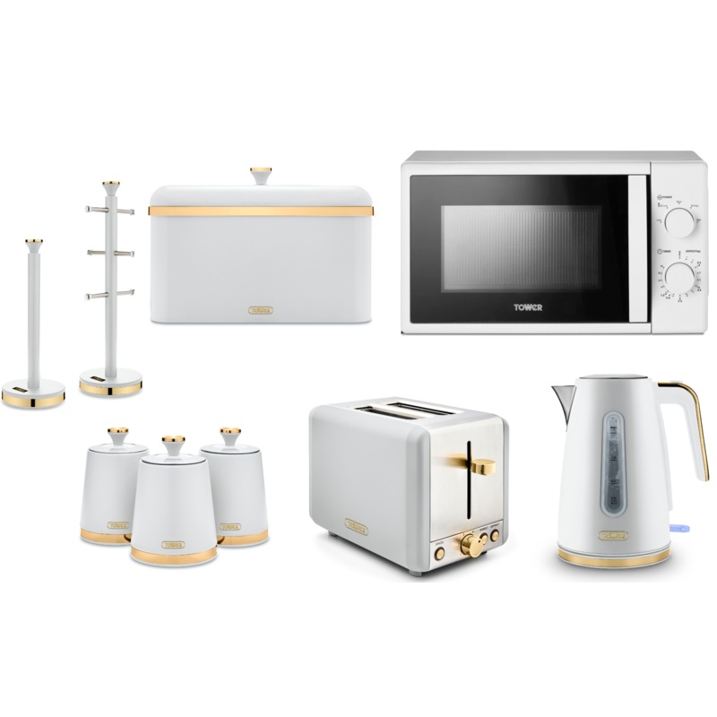 Tower Cavaletto White  1.7L3KW Jug Kettle, 2 Slice Toaster, T24034WHT 700W 20L Manual Microwave, Bread Bin, Canisters, Mug Tree & Towel Pole Kitchen Set of 9