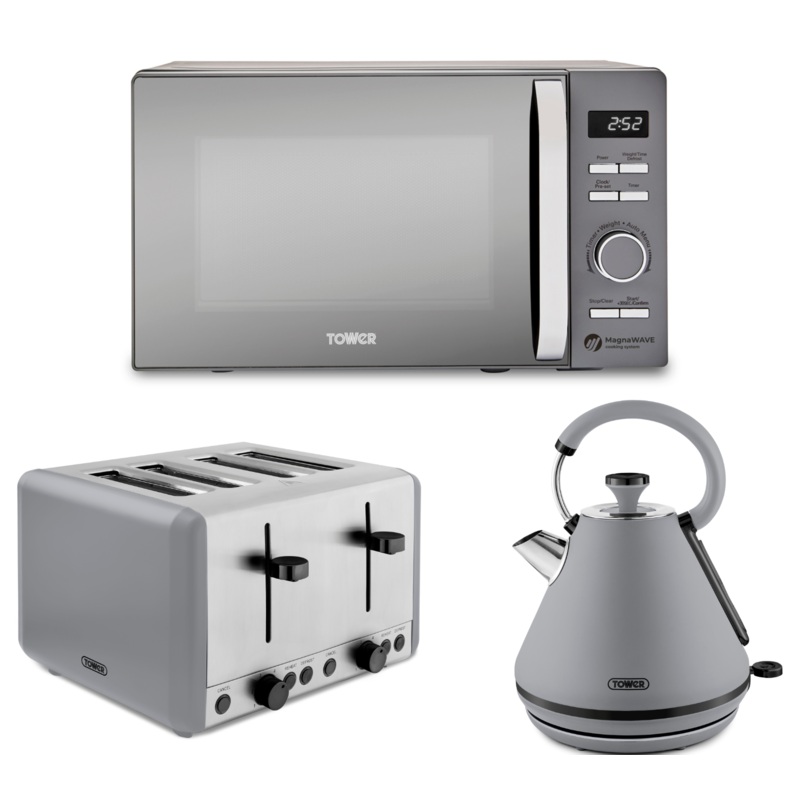 Tower Sera Grey Pyramid Kettle, 4 Slice Toaster & T24039GRY Renaissance 20L 800W Microwave Contemporary Design Set