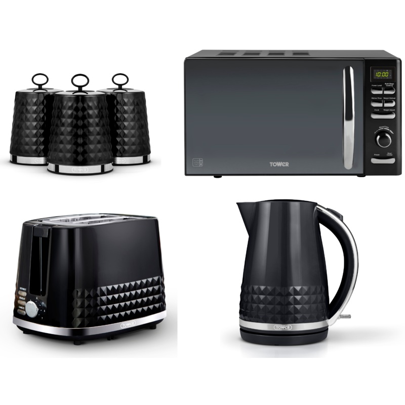 Tower Solitaire Black 1.5L 3KW Kettle, 2 Slice Toaster, 800W 20L Digital Microwave T24019 & Canisters. Matching Kitchen Set of 6
