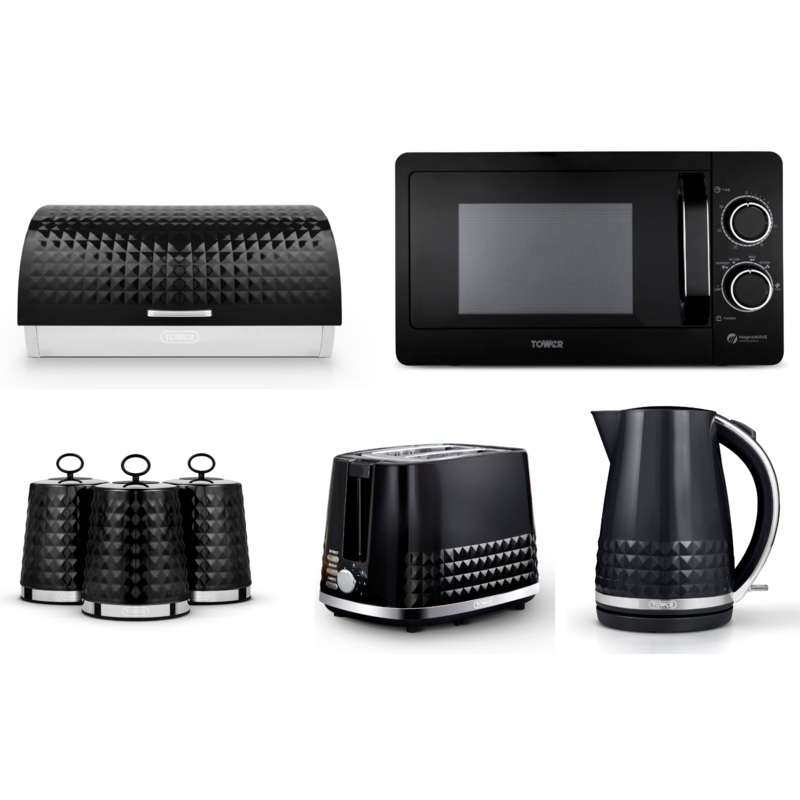 Tower Solitaire Black 1.5L 3KW Kettle, 2 Slice Toaster, 800W 20L Manual Microwave T24042BLK, Bread Bin & Tea, Coffee & Sugar Canisters Matching Set of 7