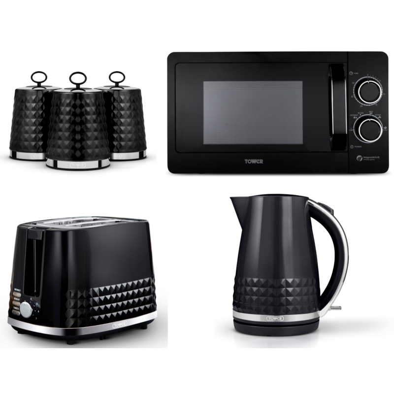 Tower Solitaire Black 1.5L 3KW Kettle, 2 Slice Toaster, 800W 20L Manual Microwave T24042BLK & Tea, Coffee & Sugar Canisters Matching Set of 6