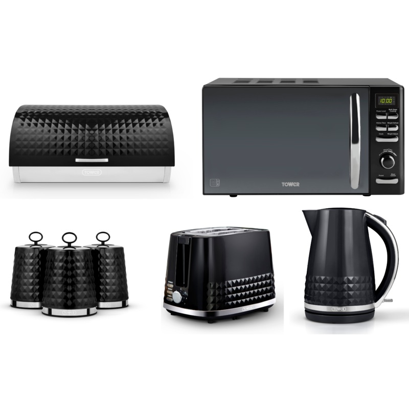 Tower Solitaire Black 1.5L 3KW Kettle, 2 Slice Toaster, Infinity 800W 20L Digital Microwave T244019, Bread Bin & Tea, Coffee & Sugar Canisters Matching Set of 7