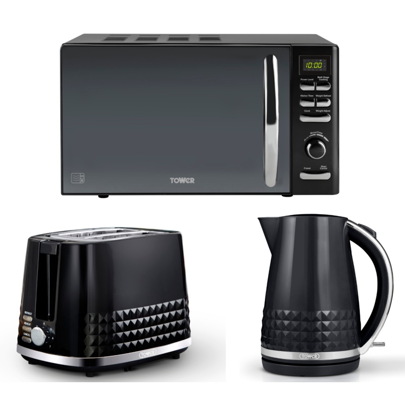 Tower Solitaire Black 1.5L 3KW Kettle, 2 Slice Toaster & T24019 Infinity Digital Microwave Matching Set