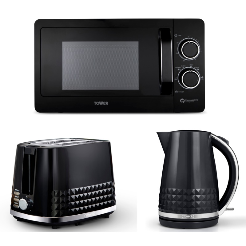 Tower Solitaire Black 1.5L 3KW Kettle, 2 Slice Toaster & T24042BLK 20L Manual Microwave Matching Set