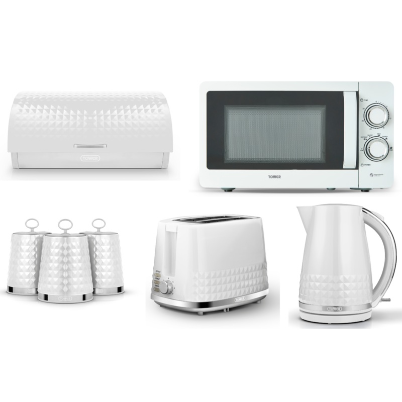 Tower Solitaire White 1.5L 3KW Jug Kettle, 2 Slice Toaster, T24042WHT 800W 20L Microwave, Bread Bin & Canisters Matching Kitchen Set