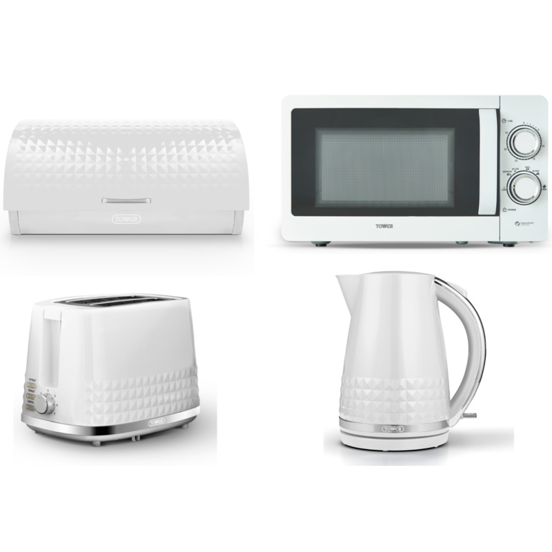 Tower Solitaire White 1.5L 3KW Jug Kettle, 2 Slice Toaster, T24042WHT 800W 20L Microwave & Bread Bin Matching Kitchen Set