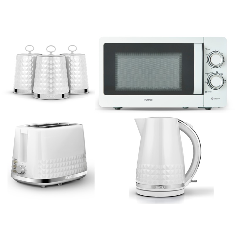 Tower Solitaire White 1.5L 3KW Jug Kettle, 2 Slice Toaster, T24042WHT 800W 20L Microwave & Canisters Matching Kitchen Set