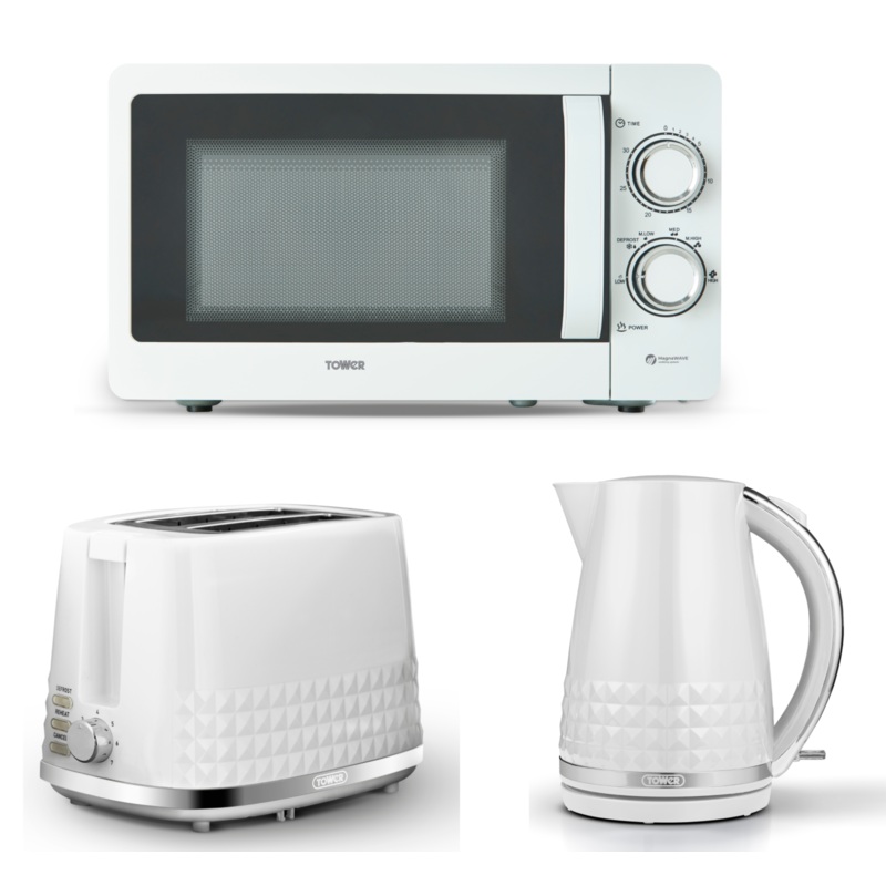 Tower Solitaire White 1.5L 3KW Jug Kettle, 2 Slice Toaster & T24042WHT 800W 20L Microwave Set