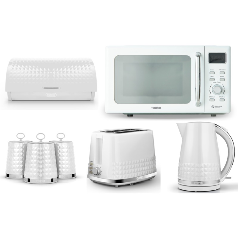 Tower Solitaire White 1.5L 3KW Kettle, 2 Slice Toaster, 800W 20L Digital Microwave  T24041WHT, Bread Bin & Canisters Matching Kitchen Set of 7