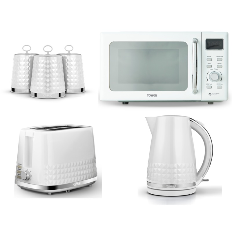 Tower Solitaire White 1.5L 3KW Kettle, 2 Slice Toaster, T24041WHT 800W 20L Digital Microwave & Canisters Matching KitchenSet