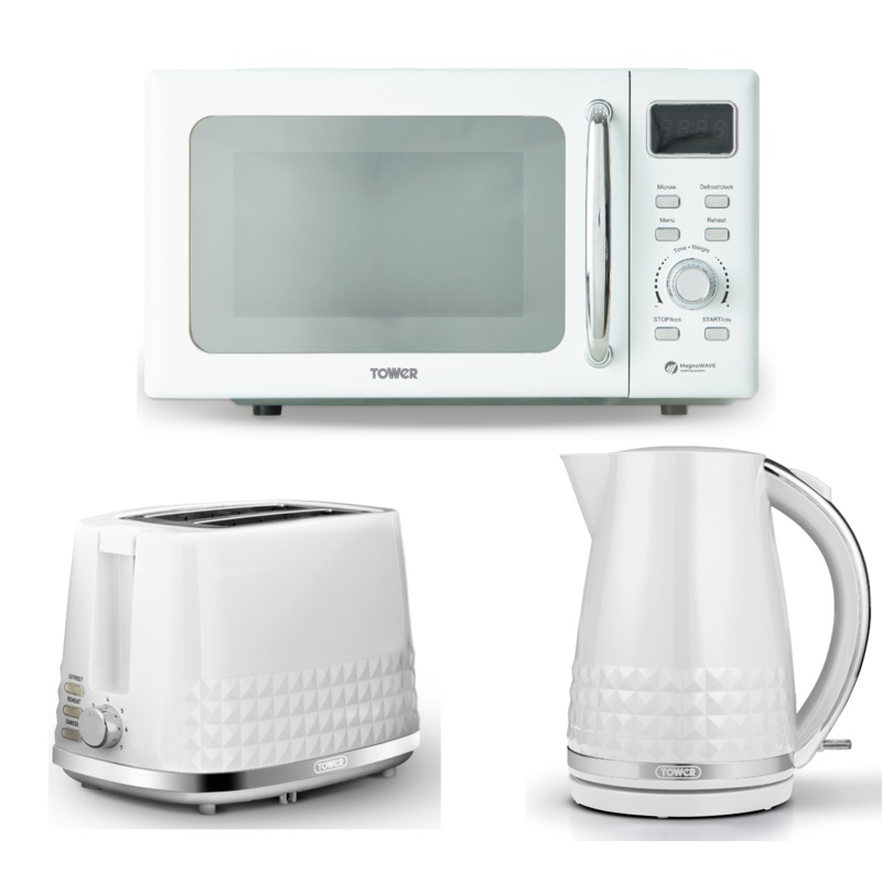 Tower Solitaire White 3KW 1.5L Kettle, 2 Slice Toaster & T24041WHT Digital Microwave Set