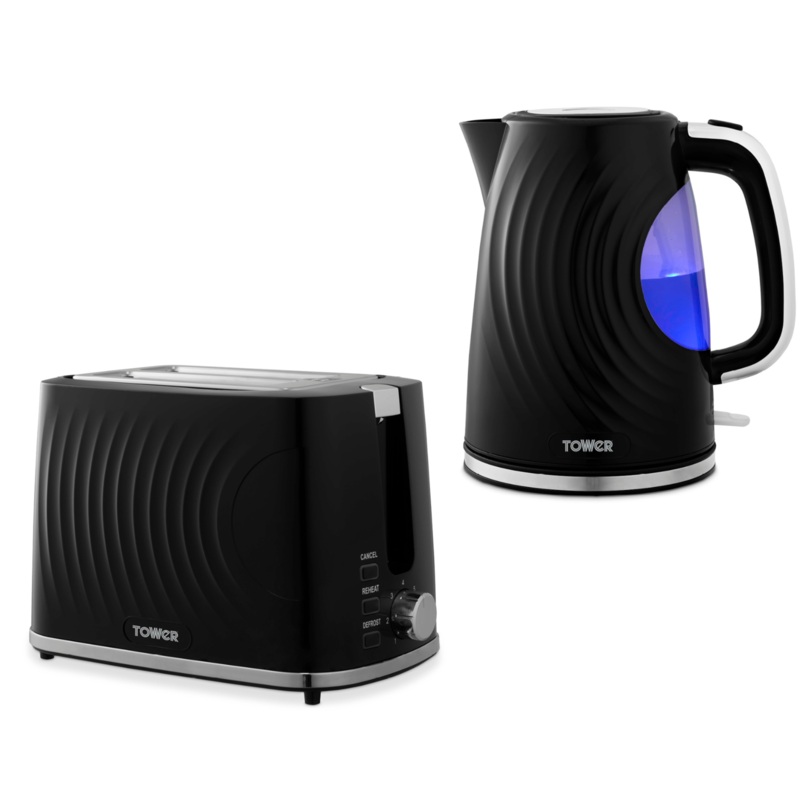 Tower Sonar 1.7L 3KW Kettle & 2 Slice Toaster. Black/Chrome Accents Stylish Ripple Design