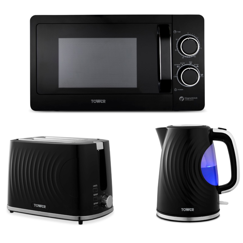 Tower Sonar Black 1.7L 3KW Kettle, 2 Slice Toaster & T240242BLK 800W 20L Microwave Set