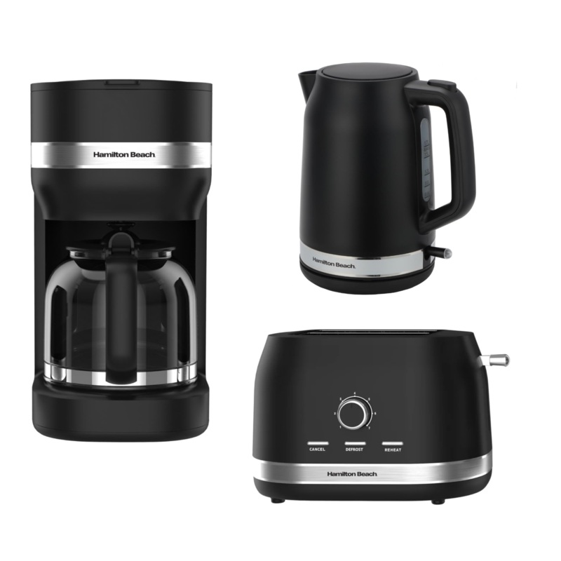 Hamilton Beach Ella 1.7L Kettle, 2 Slice Toaster & 1.5L Filter Coffee Machine Modern Matching Set in Matte Black.