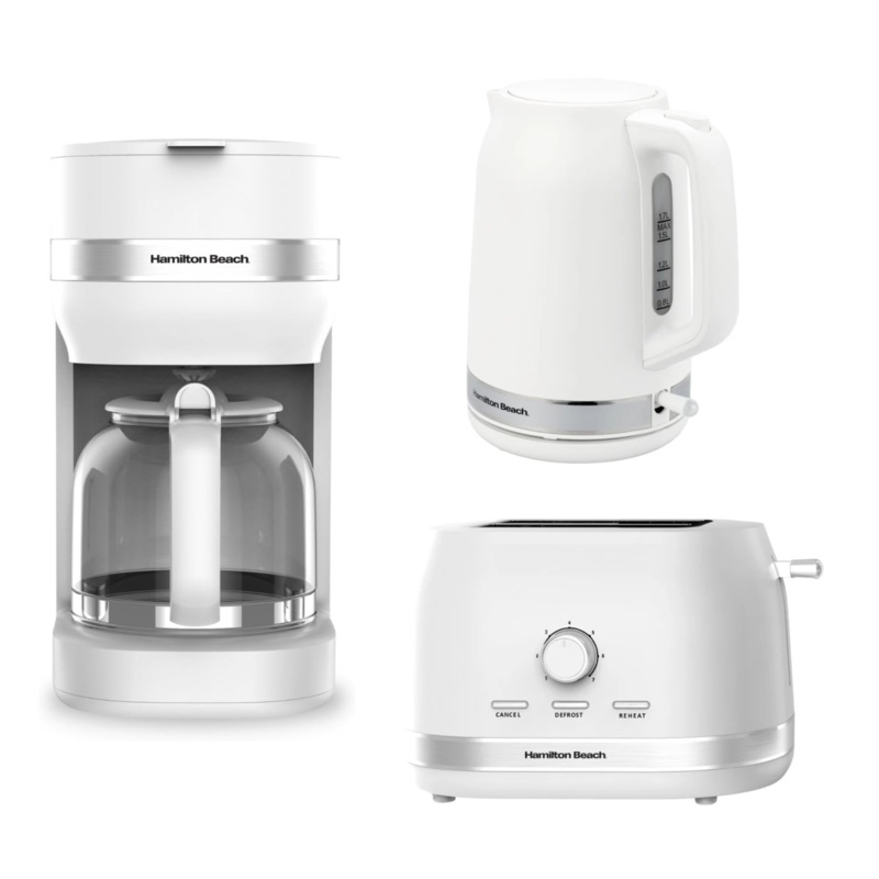 Hamilton Beach Ella 1.7L Kettle, 2 Slice Toaster & 1.5L Filter Coffee Machine Modern Matching Set in Matte White