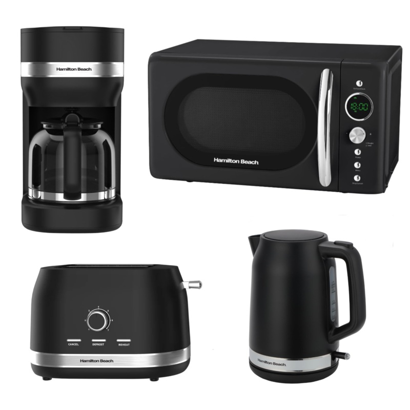 Hamilton Beach Ella 1.7L Kettle, 2 Slice Toaster, 700W 20L Microwave & 1.5L Filter Coffee Machine Modern Matching Set in Matte Black