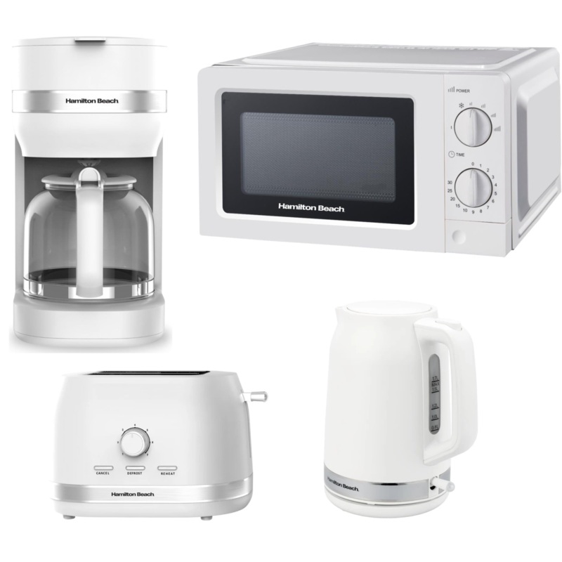 Hamilton Beach Ella 1.7L Kettle, 2 Slice Toaster, 700W 20L Microwave & 1.5L Filter Coffee Machine. Modern Matching Set in Matte White