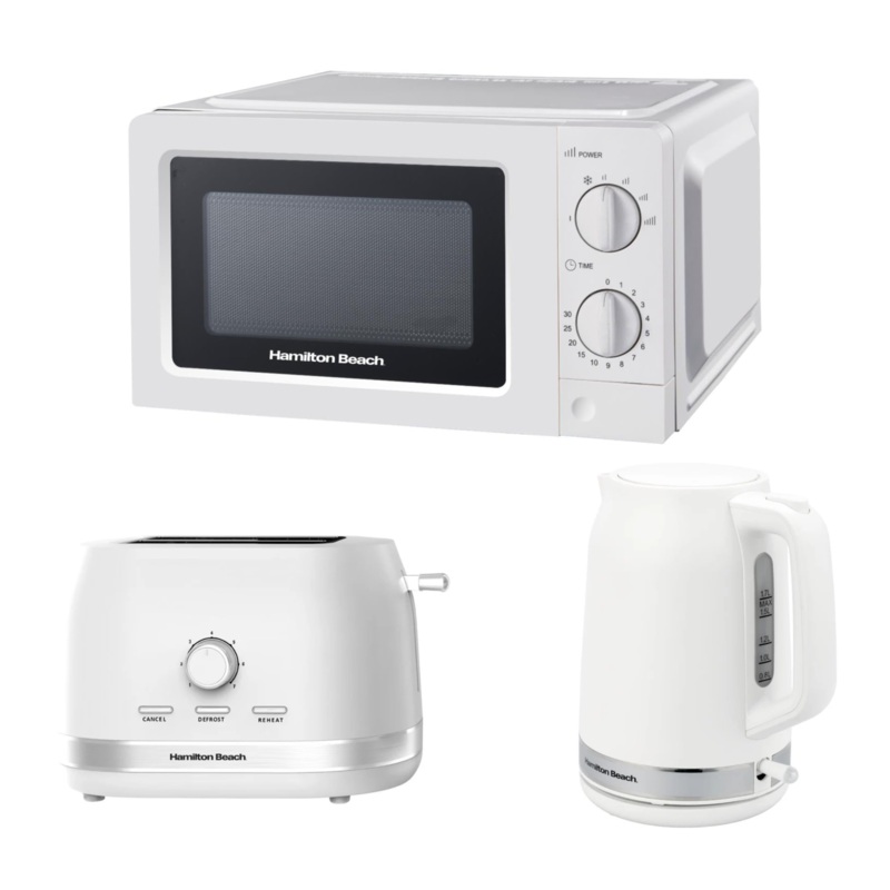 Hamilton Beach Ella 1.7L Kettle, 2 Slice Toaster & 700W 20L Microwave Modern Matching Set in Matte White