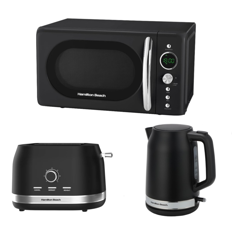 Hamilton Beach Ella 1.7L Kettle, 2 Slice Toaster & 700W 20L Retro Microwave. Modern Matching Set in Matte Black.